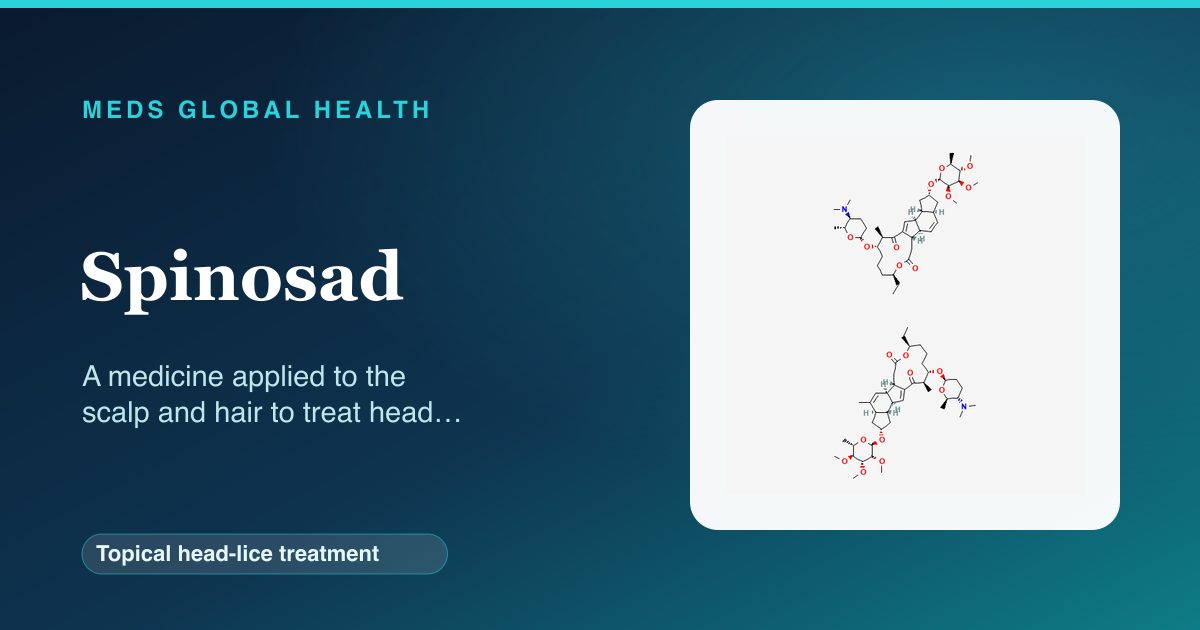 Spinosad (Topical head-lice treatment) — Meds Global Health reference card with 2D molecular structure