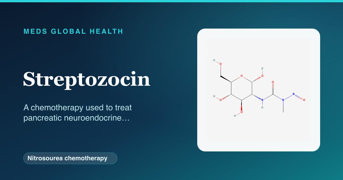 Streptozocin (Nitrosourea chemotherapy) — Meds Global Health reference card with 2D molecular structure