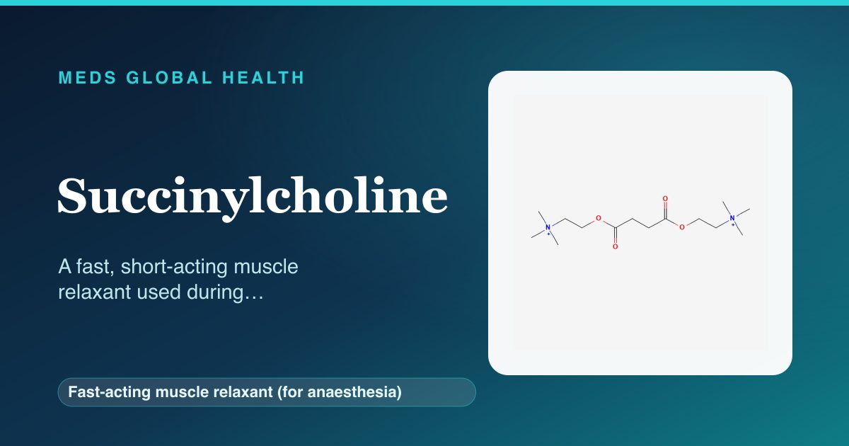 Succinylcholine (Fast-acting muscle relaxant (for anaesthesia)) — Meds Global Health reference card with 2D molecular structure