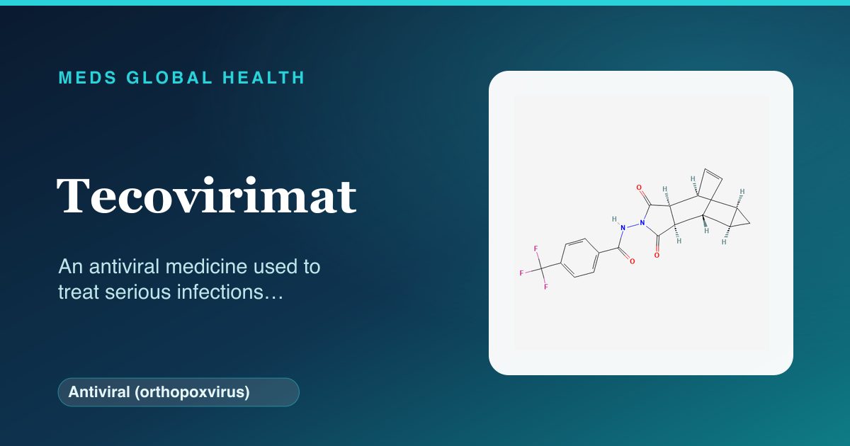 Tecovirimat (Antiviral (orthopoxvirus)) — Meds Global Health reference card with 2D molecular structure
