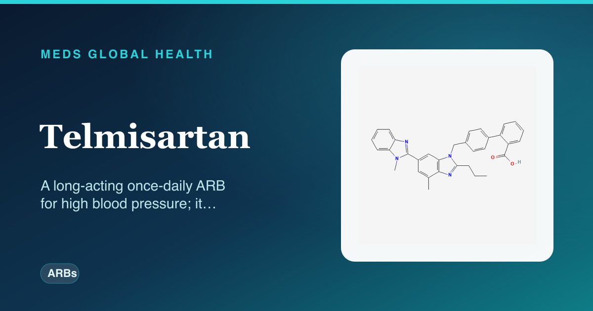 Telmisartan (ARBs) — Meds Global Health reference card with 2D molecular structure