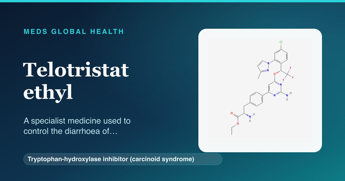 Telotristat ethyl (Tryptophan-hydroxylase inhibitor (carcinoid syndrome)) — Meds Global Health reference card with 2D molecular structure