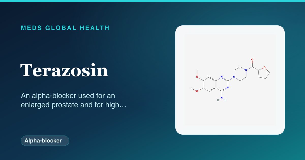 Terazosin (Alpha-blocker) — Meds Global Health reference card with 2D molecular structure