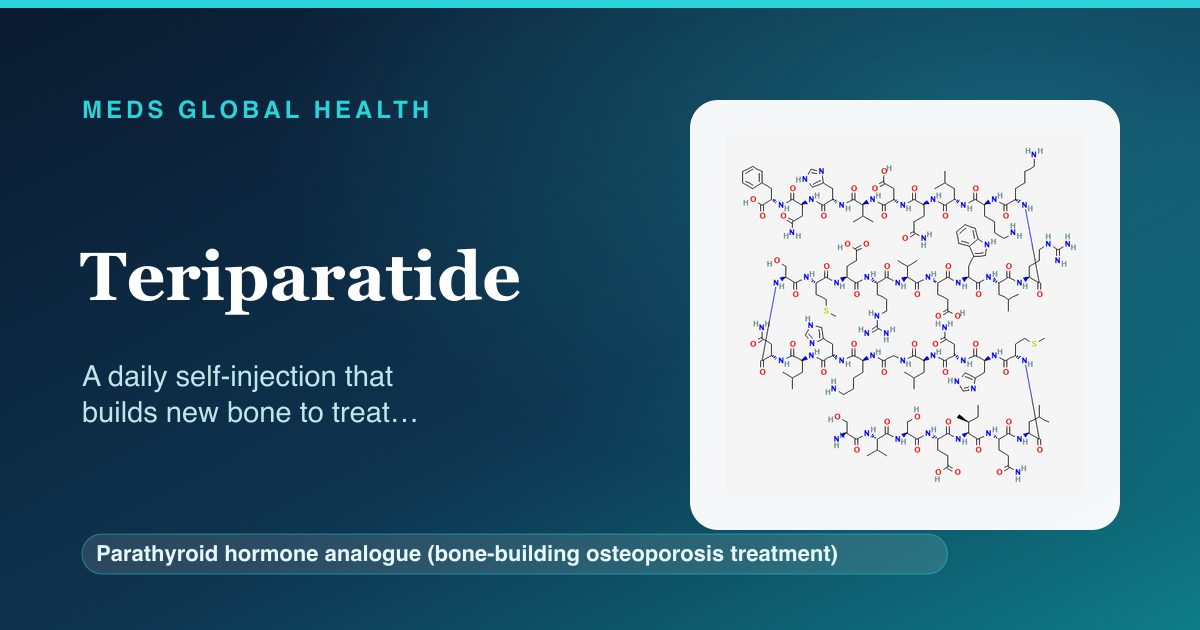 Teriparatide (Parathyroid hormone analogue (bone-building osteoporosis treatment)) — Meds Global Health reference card with 2D molecular structure