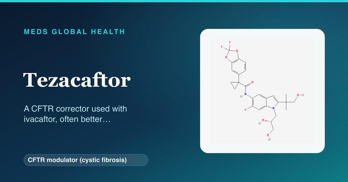 Tezacaftor (CFTR modulator (cystic fibrosis)) — Meds Global Health reference card with 2D molecular structure