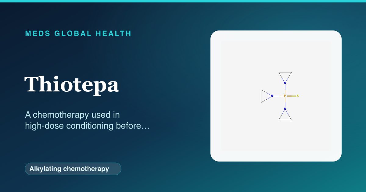 Thiotepa (Alkylating chemotherapy) — Meds Global Health reference card with 2D molecular structure