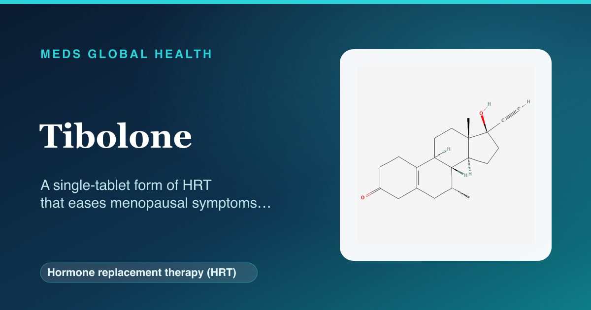 Tibolone (Hormone replacement therapy (HRT)) — Meds Global Health reference card with 2D molecular structure