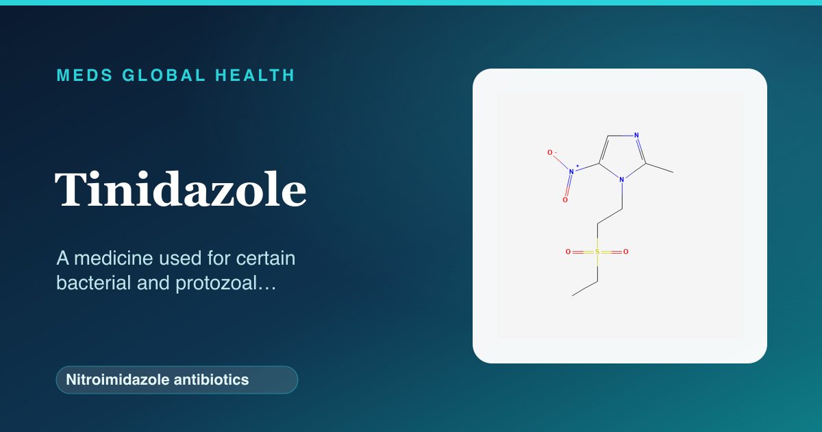 Tinidazole (Nitroimidazole antibiotics) — Meds Global Health reference card with 2D molecular structure