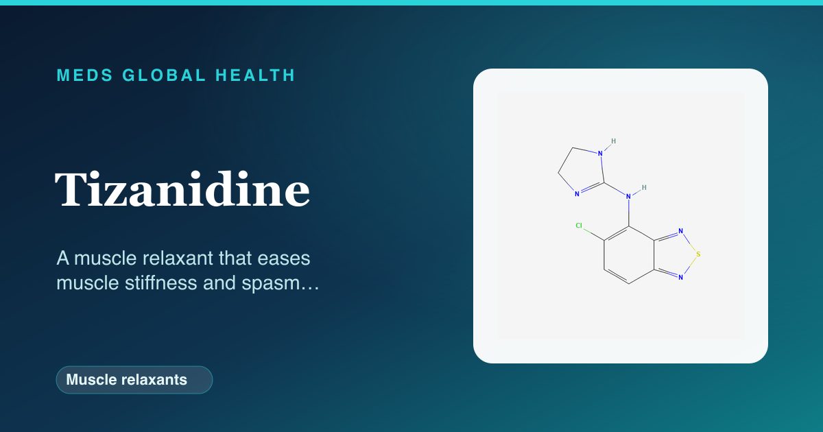 Tizanidine (Muscle relaxants) — Meds Global Health reference card with 2D molecular structure