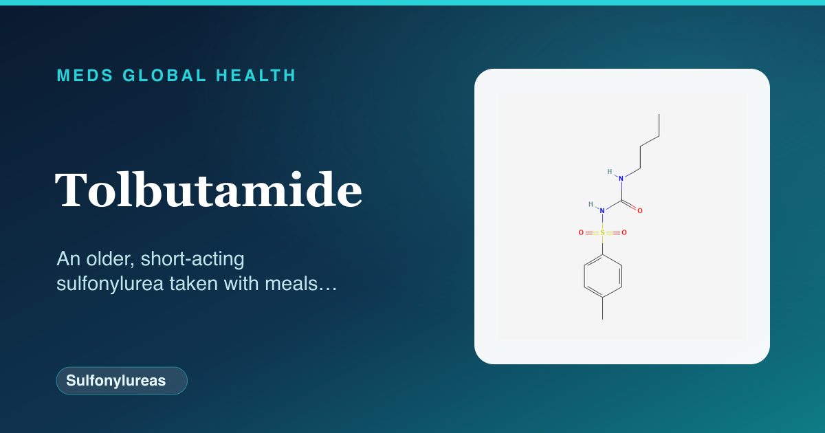 Tolbutamide (Sulfonylureas) — Meds Global Health reference card with 2D molecular structure