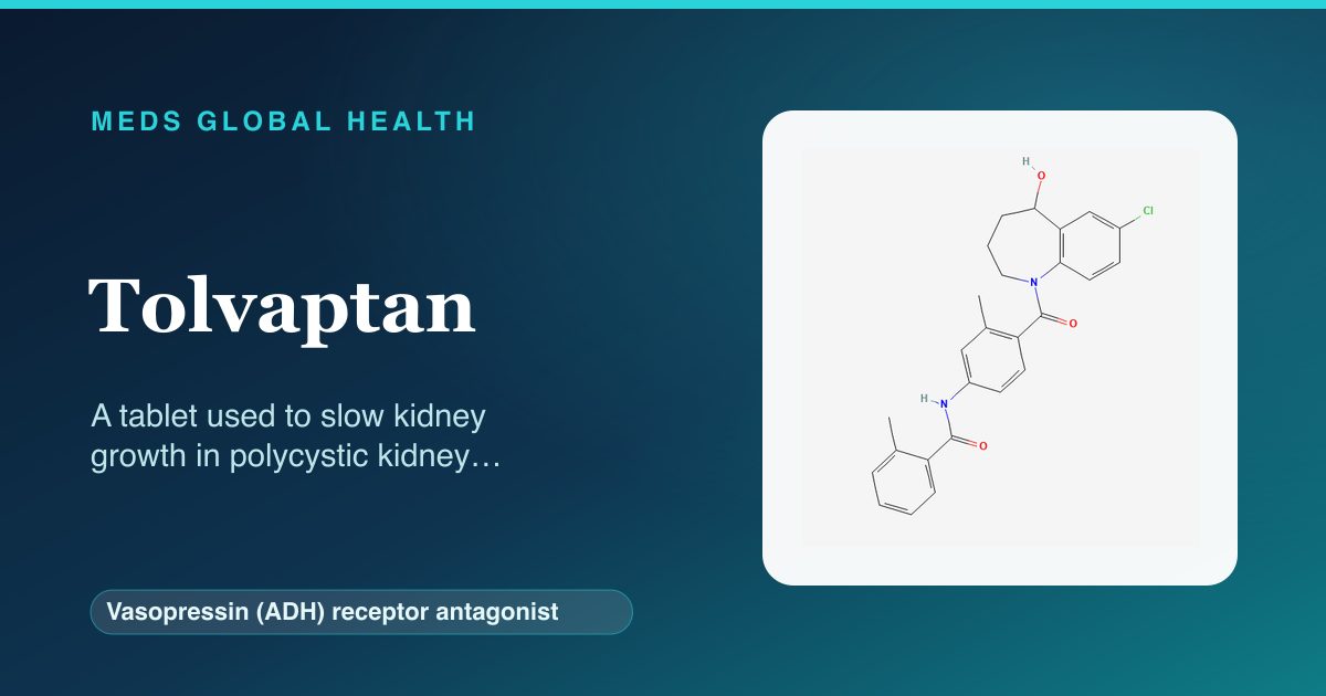 Tolvaptan (Vasopressin (ADH) receptor antagonist) — Meds Global Health reference card with 2D molecular structure