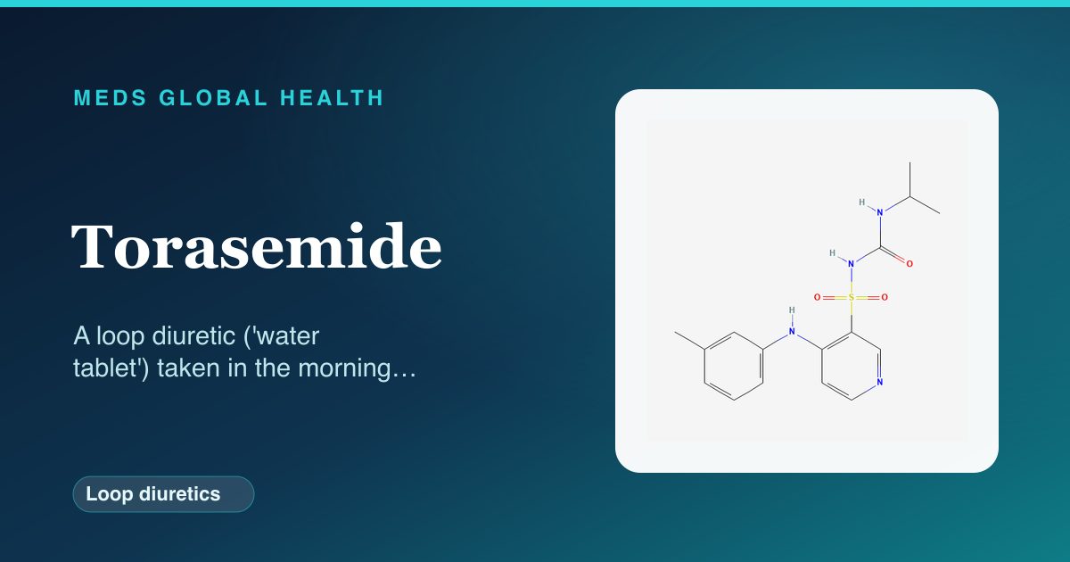Torasemide (Loop diuretics) — Meds Global Health reference card with 2D molecular structure