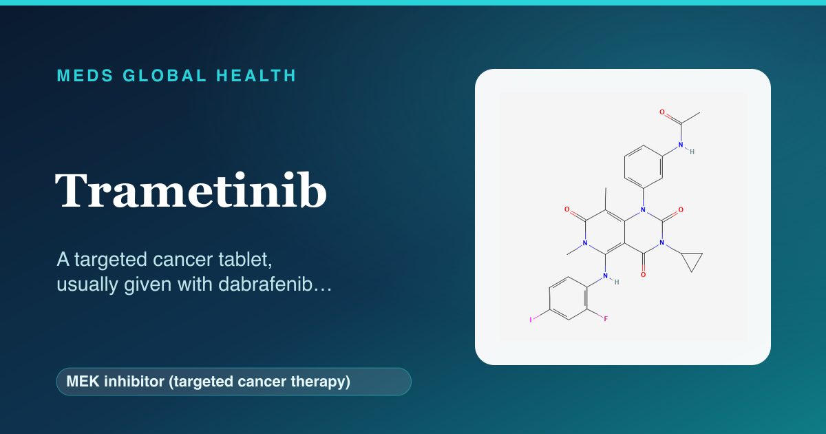 Trametinib (MEK inhibitor (targeted cancer therapy)) — Meds Global Health reference card with 2D molecular structure