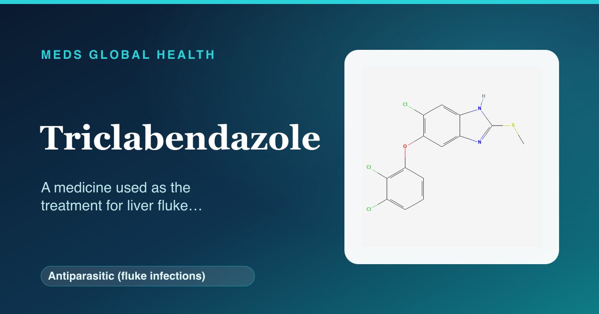 Triclabendazole (Antiparasitic (fluke infections)) — Meds Global Health reference card with 2D molecular structure
