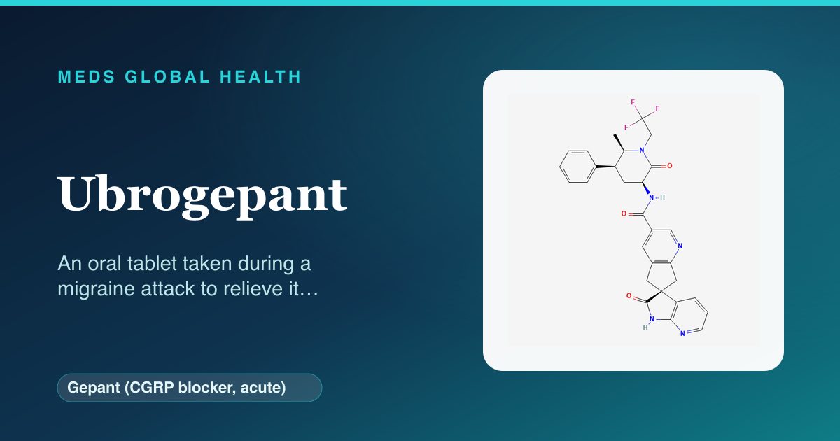 Ubrogepant (Gepant (CGRP blocker, acute)) — Meds Global Health reference card with 2D molecular structure
