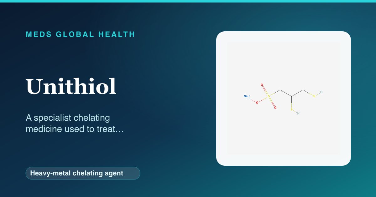 Unithiol (Heavy-metal chelating agent) — Meds Global Health reference card with 2D molecular structure