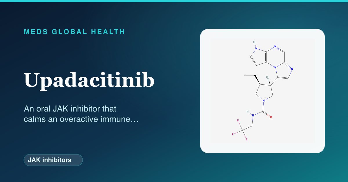 Upadacitinib (JAK inhibitors) — Meds Global Health reference card with 2D molecular structure