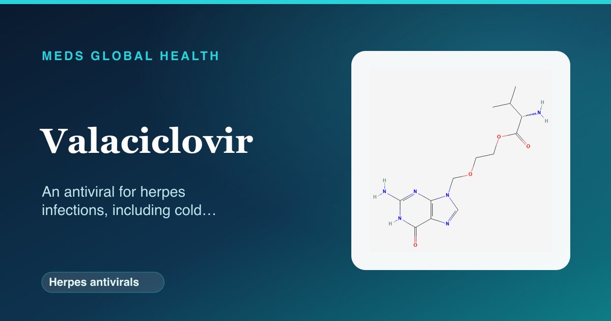 Valaciclovir (Herpes antivirals) — Meds Global Health reference card with 2D molecular structure