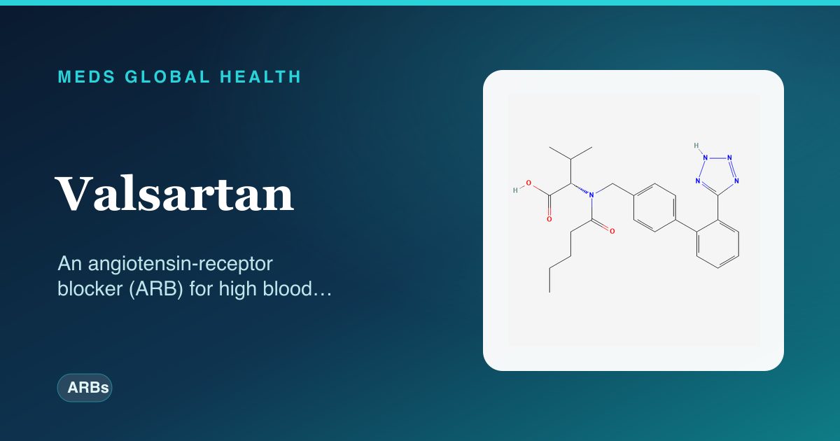 Valsartan (ARBs) — Meds Global Health reference card with 2D molecular structure