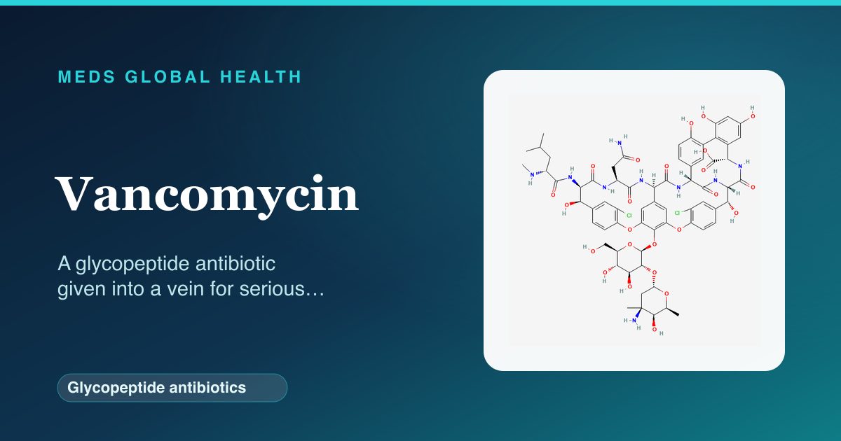 Vancomycin (Glycopeptide antibiotics) — Meds Global Health reference card with 2D molecular structure