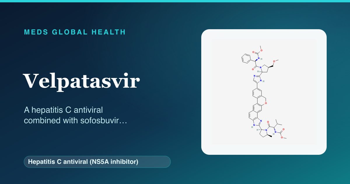 Velpatasvir (Hepatitis C antiviral (NS5A inhibitor)) — Meds Global Health reference card with 2D molecular structure
