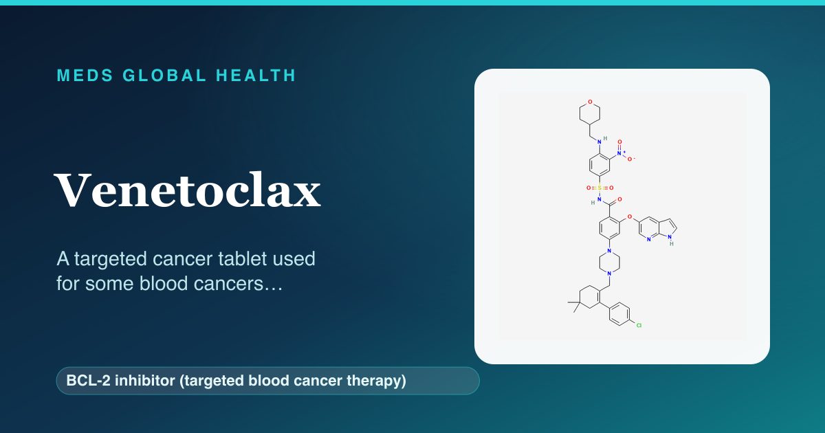Venetoclax (BCL-2 inhibitor (targeted blood cancer therapy)) — Meds Global Health reference card with 2D molecular structure