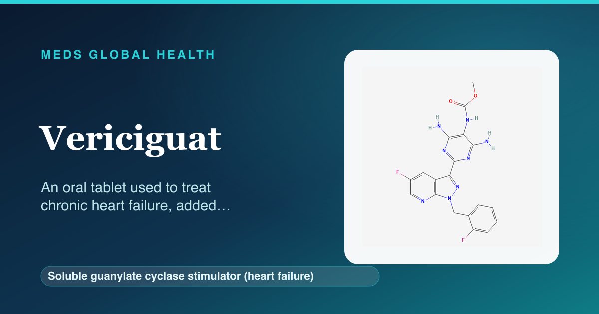Vericiguat (Soluble guanylate cyclase stimulator (heart failure)) — Meds Global Health reference card with 2D molecular structure