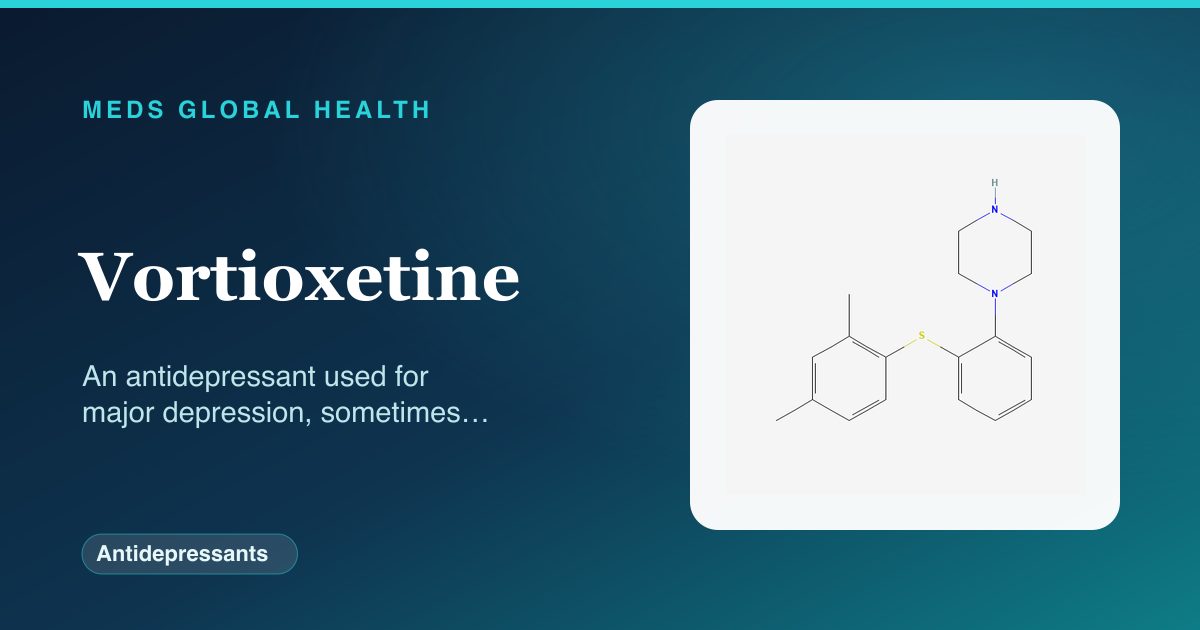 Vortioxetine (Antidepressants) — Meds Global Health reference card with 2D molecular structure