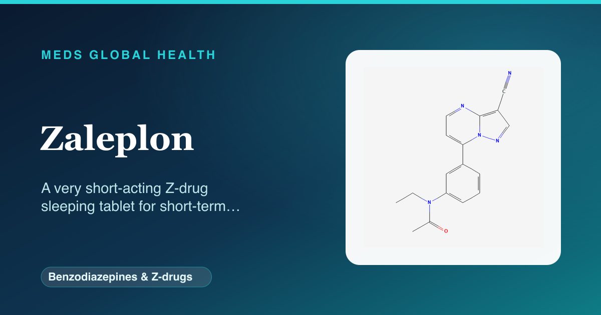 Zaleplon (Benzodiazepines & Z-drugs) — Meds Global Health reference card with 2D molecular structure