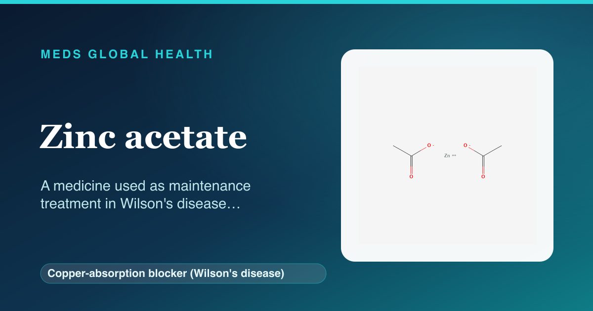 Zinc acetate (Copper-absorption blocker (Wilson's disease)) — Meds Global Health reference card with 2D molecular structure