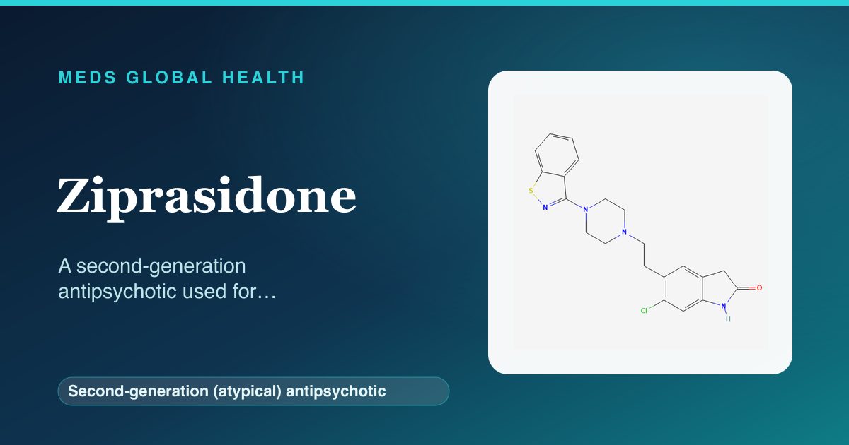 Ziprasidone (Second-generation (atypical) antipsychotic) — Meds Global Health reference card with 2D molecular structure