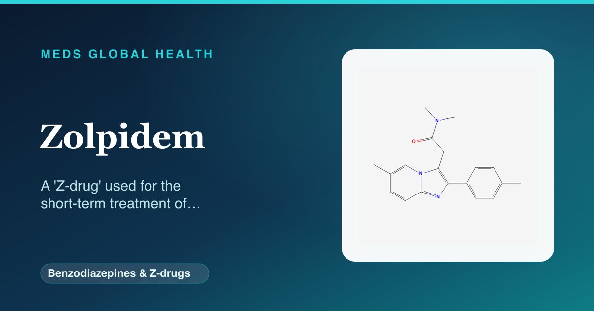 Zolpidem (Benzodiazepines & Z-drugs) — Meds Global Health reference card with 2D molecular structure