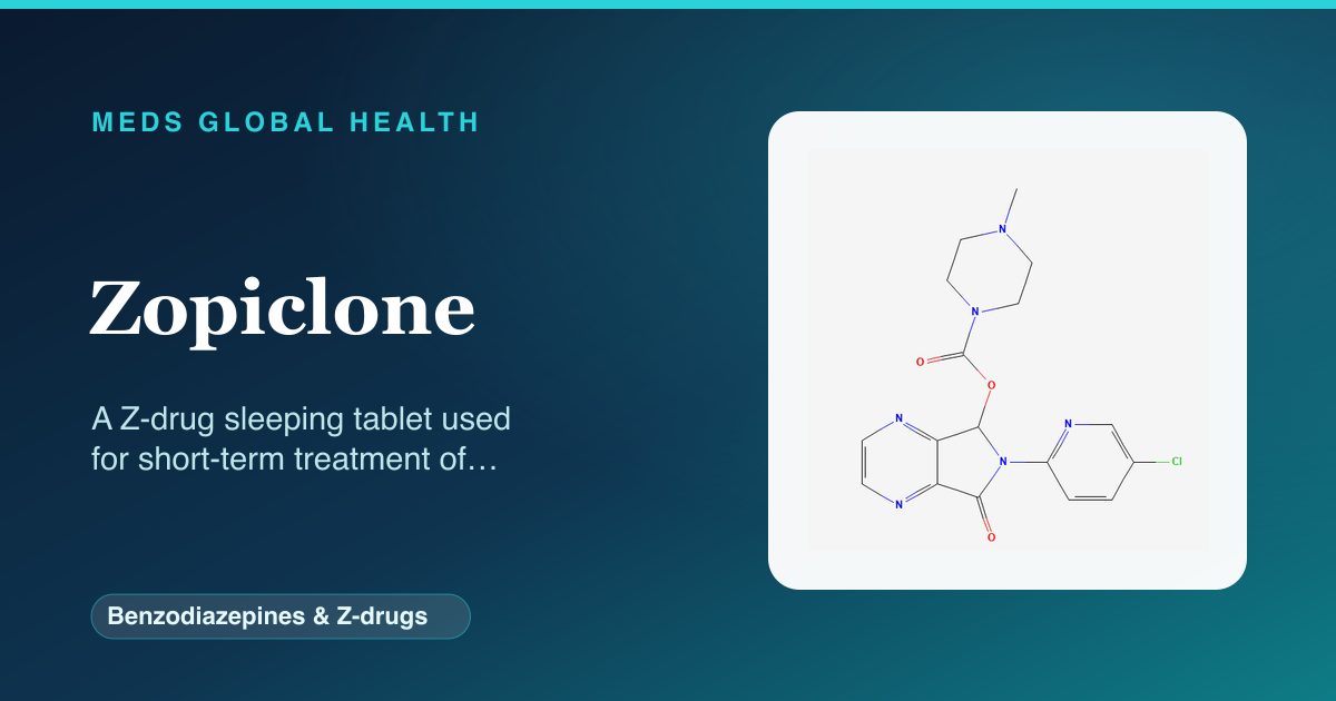 Zopiclone (Benzodiazepines & Z-drugs) — Meds Global Health reference card with 2D molecular structure